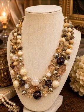 Vintage Triple Strand Glass Crystal Lucite Statement Necklace Neutral Tones 121g